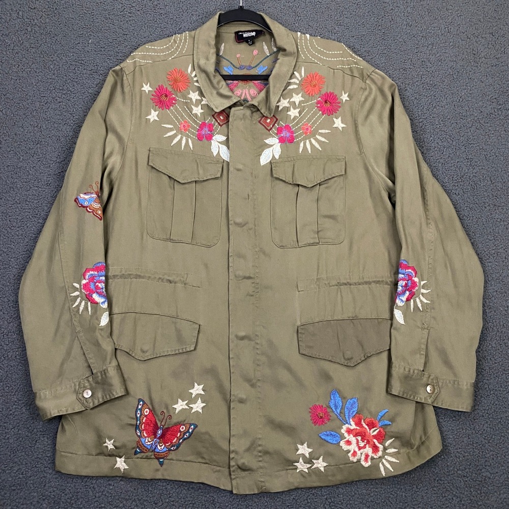 Johnny Was Mika Paris Drawstring Military Jacket XL Olive Embroidered Workshop